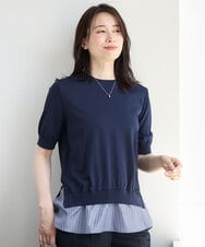 FIFJD29080 OFUON le MK(オフオン　ル　エムケー) レイヤード風ストライプ切替ニットプルオーバー/UVカット/接触冷感/洗える/WEB限定サイズあり ネイビー
