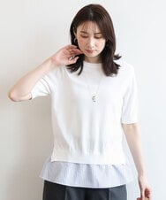 FIFJD29080 OFUON le MK(オフオン　ル　エムケー) レイヤード風ストライプ切替ニットプルオーバー/UVカット/接触冷感/洗える/WEB限定サイズあり ホワイト
