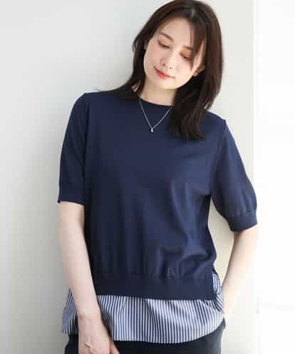 FIFJD29080 OFUON le MK レイヤード風ストライプ切替ニットプルオーバー/UVカット/接触冷感/洗える/WEB限定サイズあり