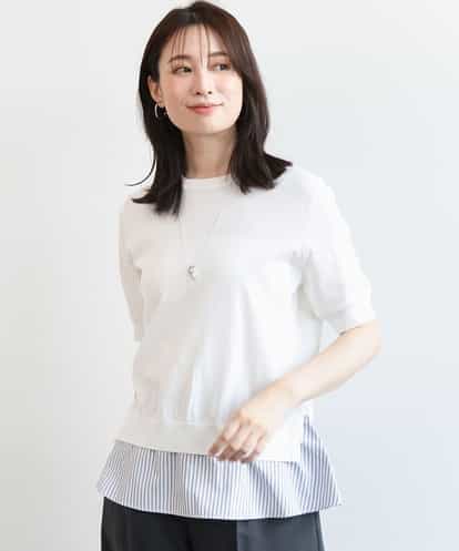 FIFJD29080 OFUON le MK レイヤード風ストライプ切替ニットプルオーバー/UVカット/接触冷感/洗える/WEB限定サイズあり