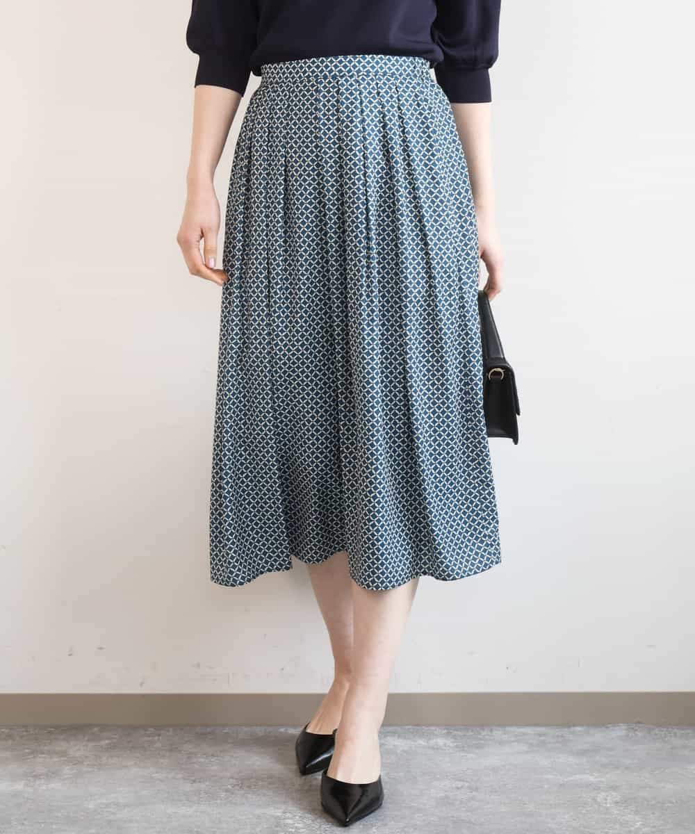 FIHGD19090 OFUON le MK(オフオン　ル　エムケー) ウエストタック格子柄フレアスカート/洗濯機で洗える/セットアップ可 ブルーグリーン