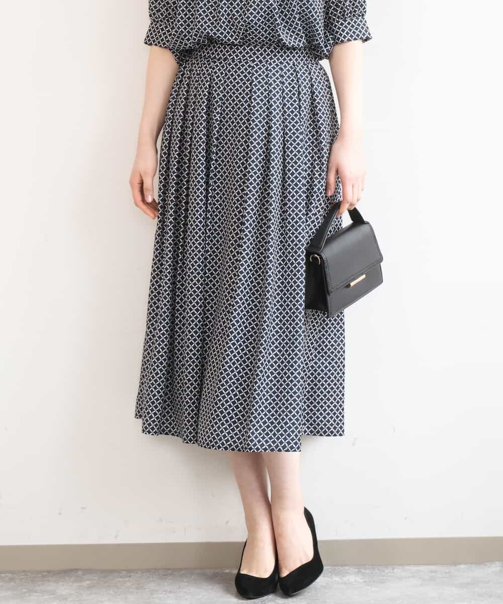 FIHGD19090 OFUON le MK(オフオン　ル　エムケー) ウエストタック格子柄フレアスカート/洗濯機で洗える/セットアップ可 ブルーグリーン