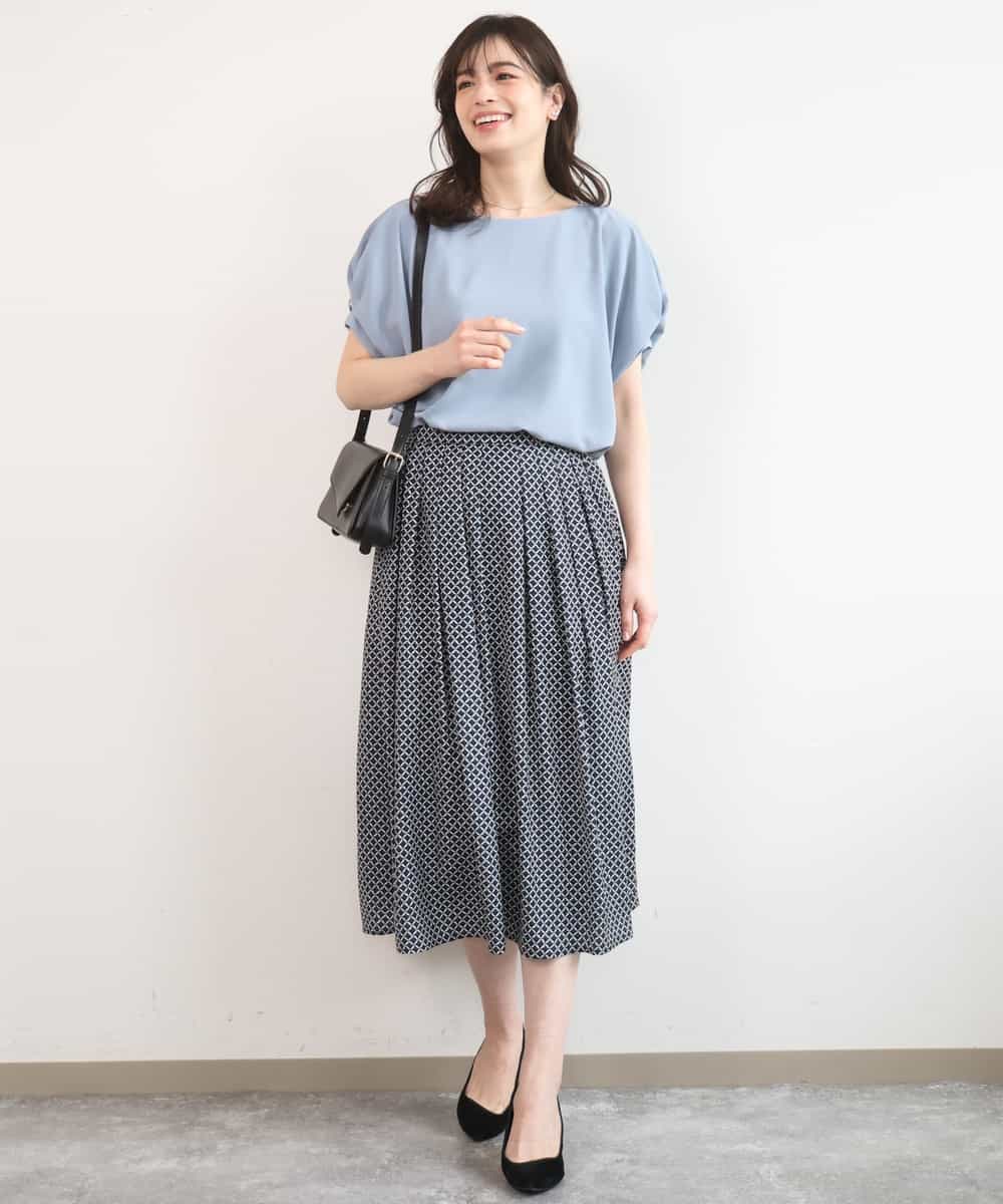 FIHGD19090 OFUON le MK(オフオン　ル　エムケー) ウエストタック格子柄フレアスカート/洗濯機で洗える/セットアップ可 ブルーグリーン