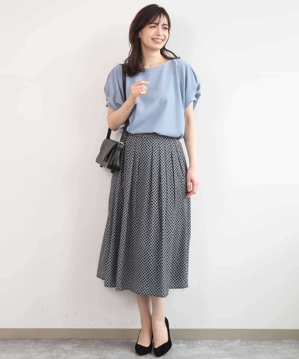 FIHGD19090 OFUON le MK(オフオン　ル　エムケー) ウエストタック格子柄フレアスカート/洗濯機で洗える/セットアップ可 ブルーグリーン