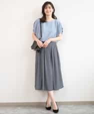 FIHGD19090 OFUON le MK(オフオン　ル　エムケー) ウエストタック格子柄フレアスカート/洗濯機で洗える/セットアップ可 ブルーグリーン