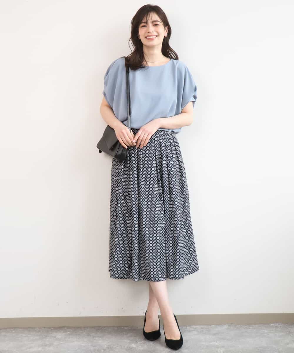 FIHGD19090 OFUON le MK(オフオン　ル　エムケー) ウエストタック格子柄フレアスカート/洗濯機で洗える/セットアップ可 ブルーグリーン