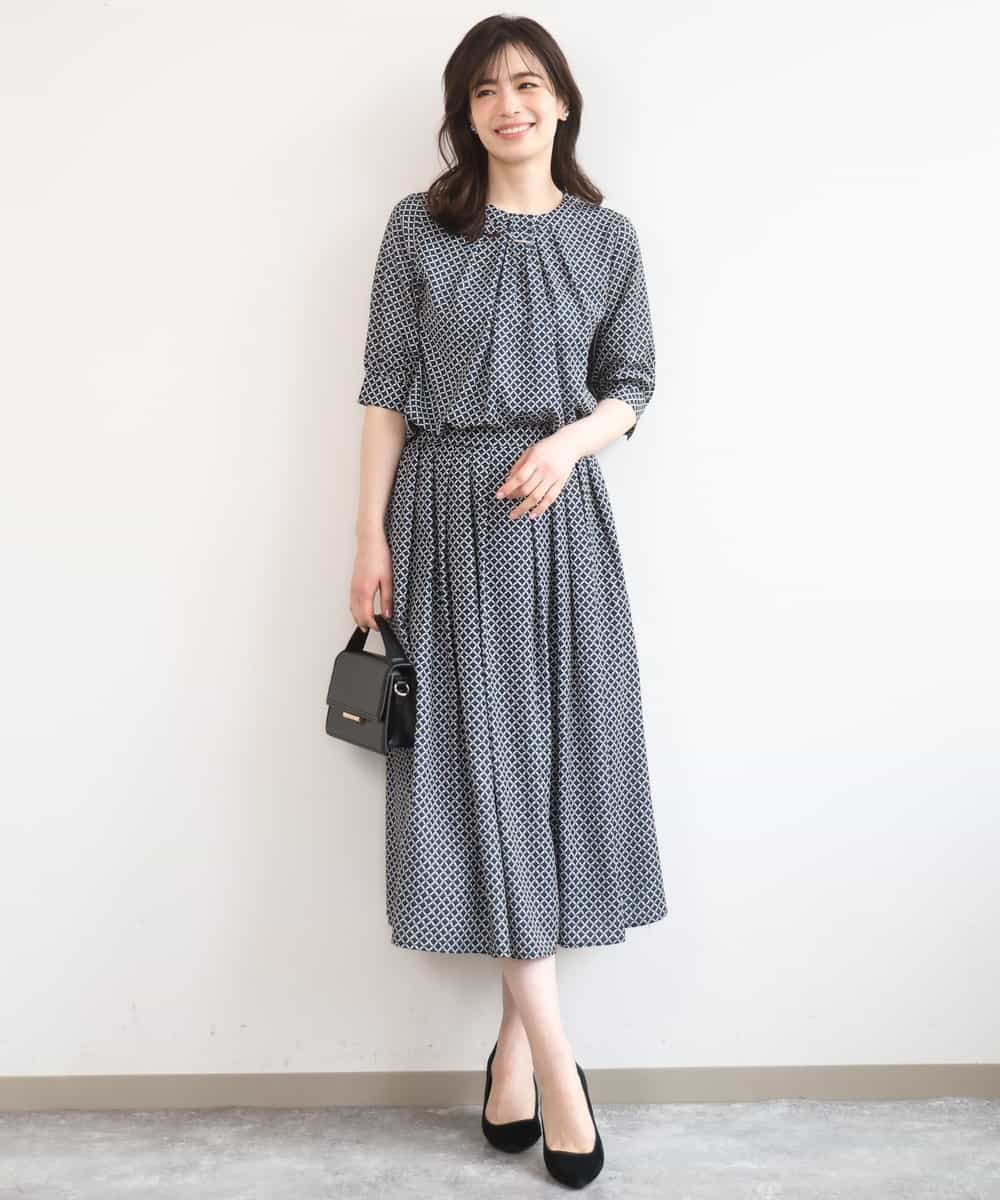 FIHGD19090 OFUON le MK(オフオン　ル　エムケー) ウエストタック格子柄フレアスカート/洗濯機で洗える/セットアップ可 ブルーグリーン