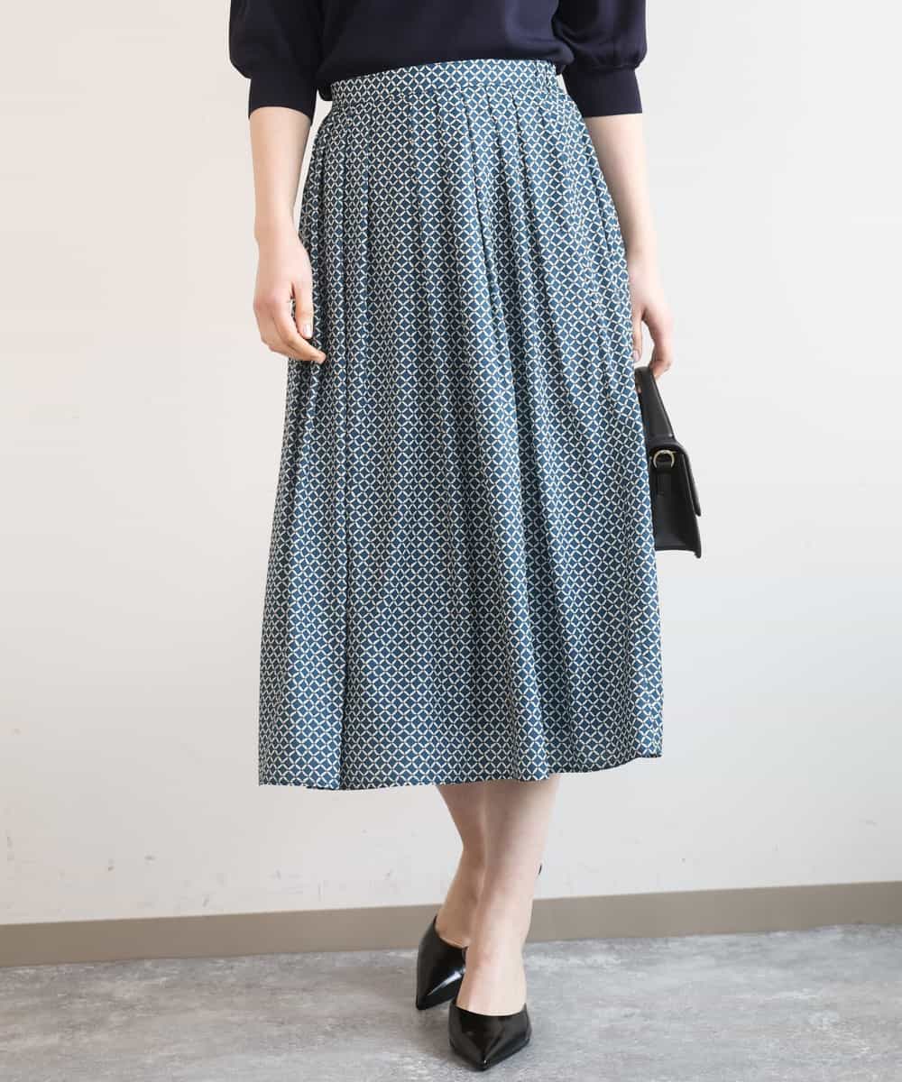 FIHGD19090 OFUON le MK(オフオン　ル　エムケー) ウエストタック格子柄フレアスカート/洗濯機で洗える/セットアップ可 ブルーグリーン