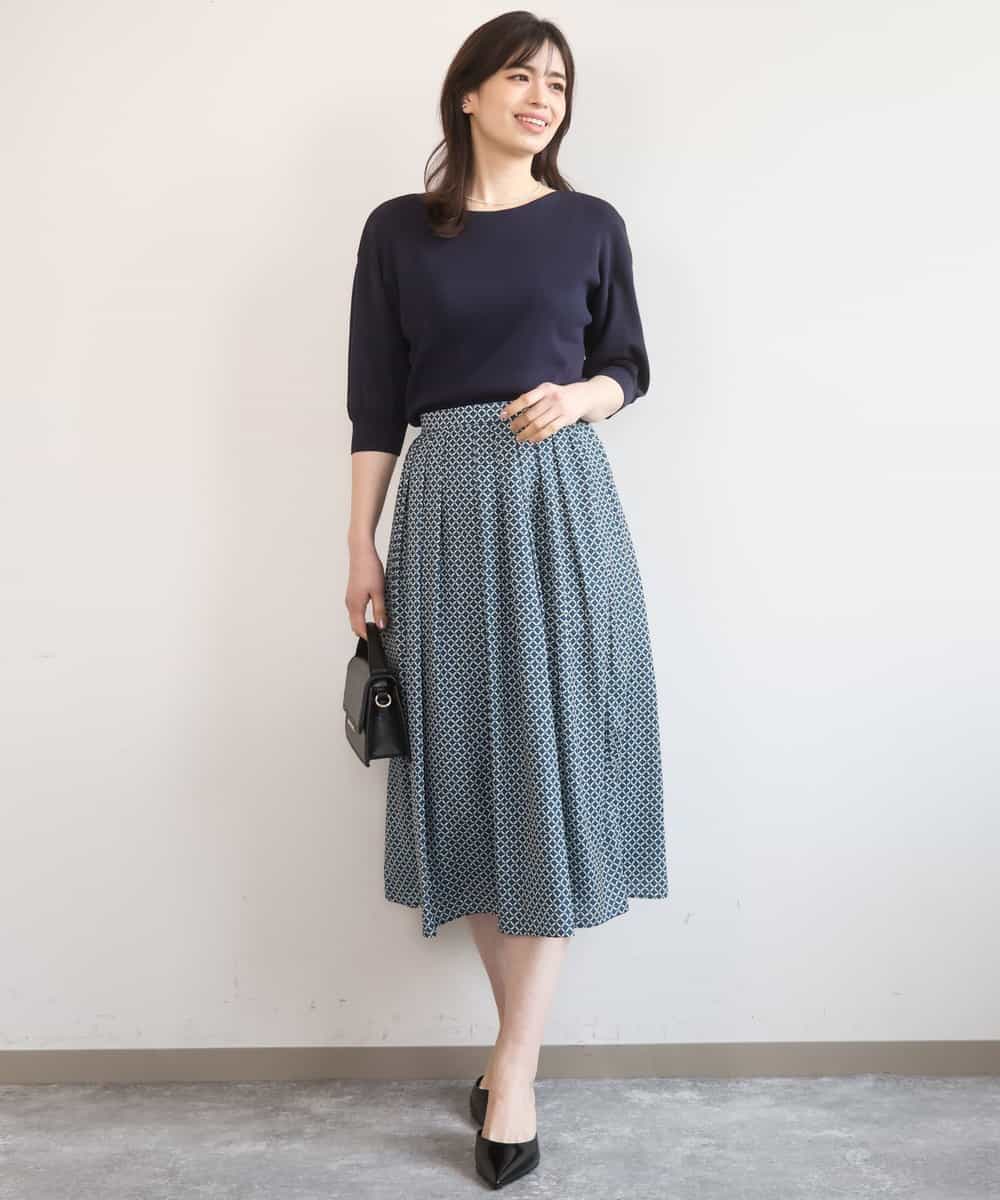 FIHGD19090 OFUON le MK(オフオン　ル　エムケー) ウエストタック格子柄フレアスカート/洗濯機で洗える/セットアップ可 ブルーグリーン