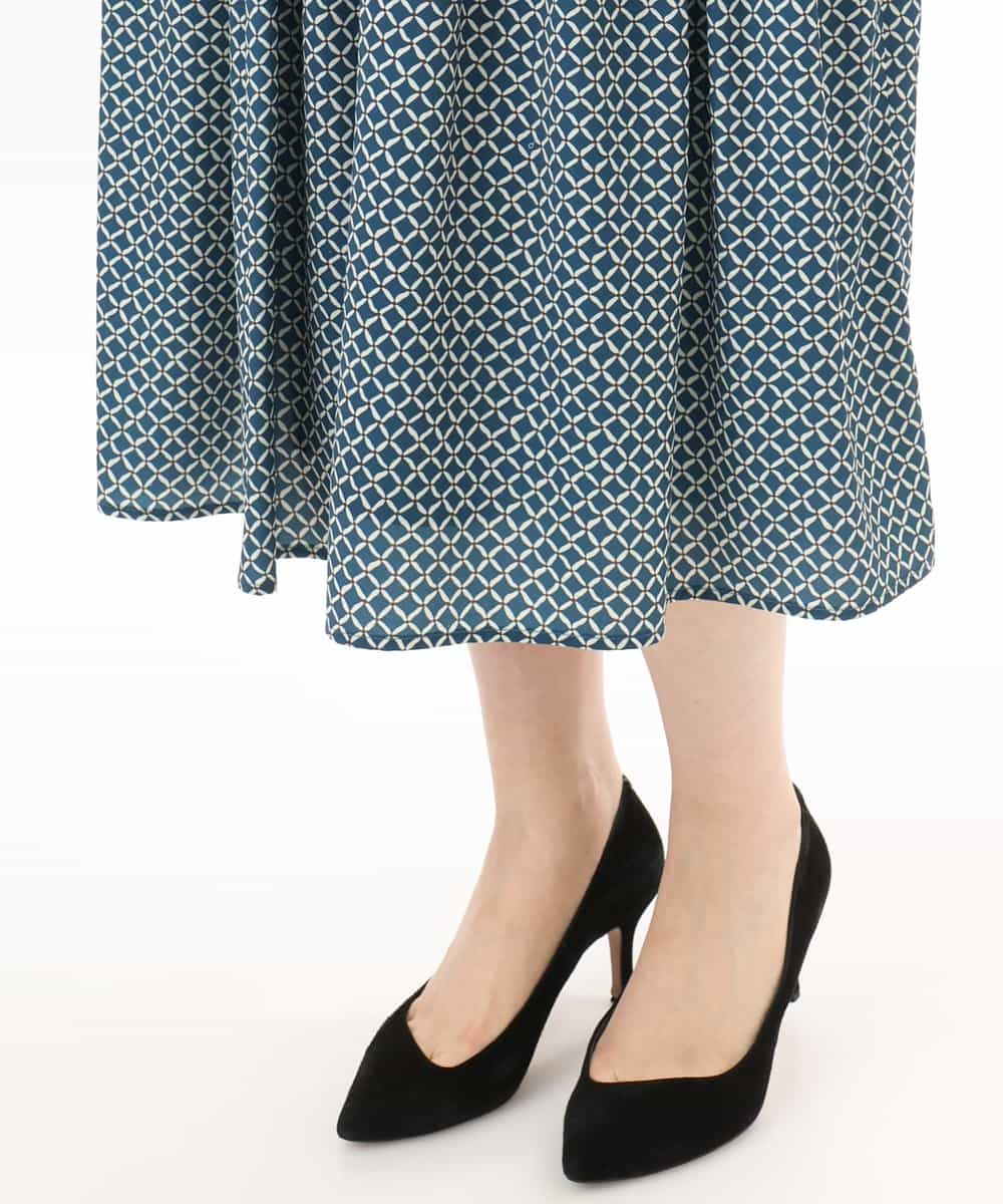 FIHGD19090 OFUON le MK(オフオン　ル　エムケー) ウエストタック格子柄フレアスカート/洗濯機で洗える/セットアップ可 ブルーグリーン