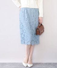 FIHJA08100 OFUON le MK(オフオン　ル　エムケー) フラワーレースタイトスカート/洗える ライトブルー