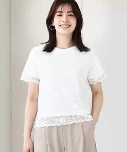 OFUON le MK(オフオン ル エムケー) スカラップレースTシャツ/接触冷感/洗える/WEB限定サイズあり ホワイト/白 36