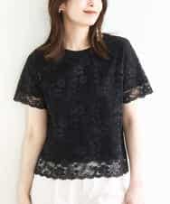 FIKHA42070 OFUON le MK(オフオン　ル　エムケー) スカラップレースTシャツ/接触冷感/洗える/WEB限定サイズあり ブラック