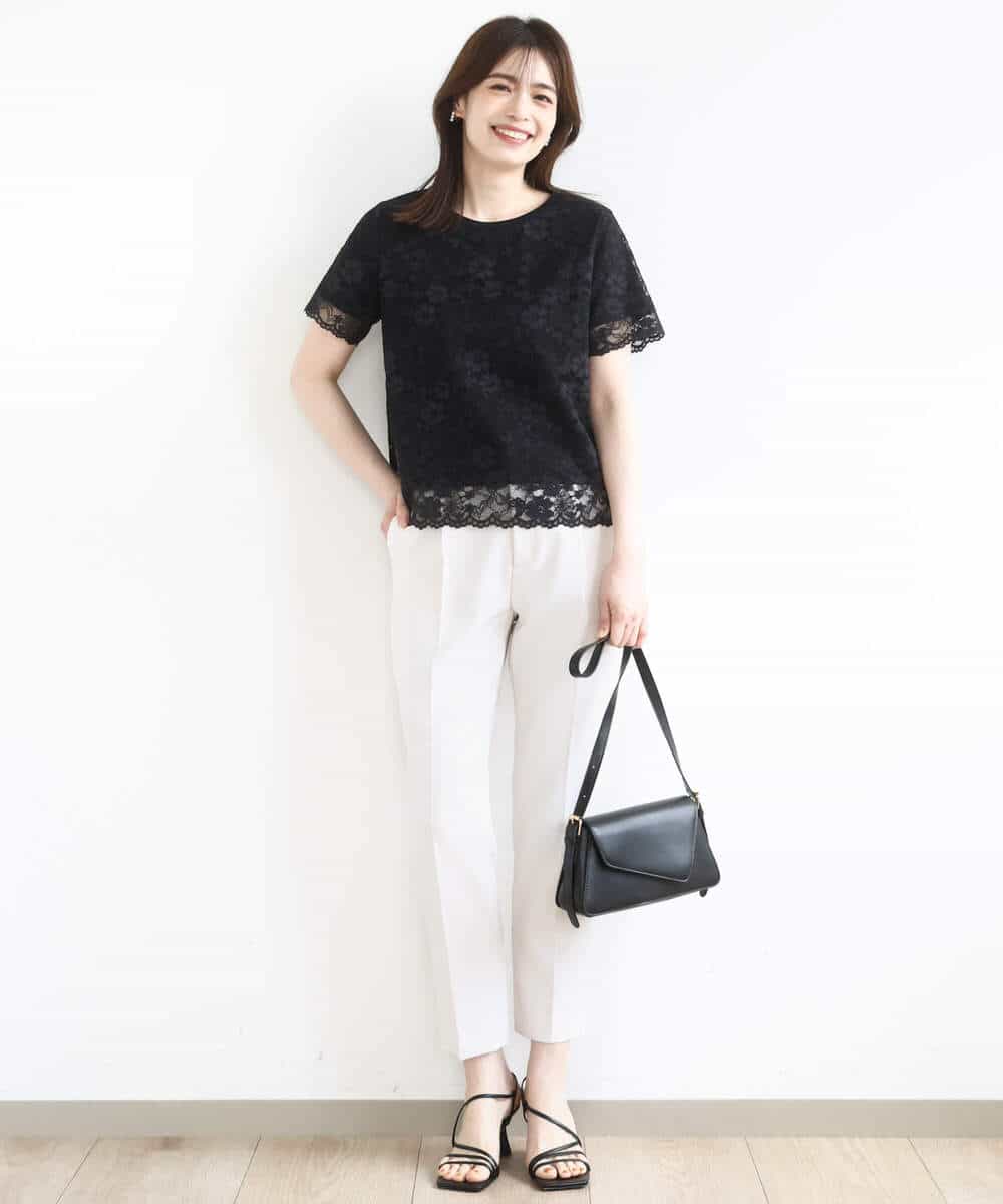 FIKHA42070 OFUON le MK(オフオン　ル　エムケー) スカラップレースTシャツ/接触冷感/洗える/WEB限定サイズあり ブラック