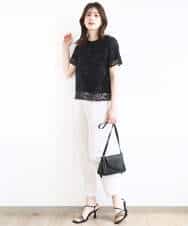 FIKHA42070 OFUON le MK(オフオン　ル　エムケー) スカラップレースTシャツ/接触冷感/洗える/WEB限定サイズあり ブラック