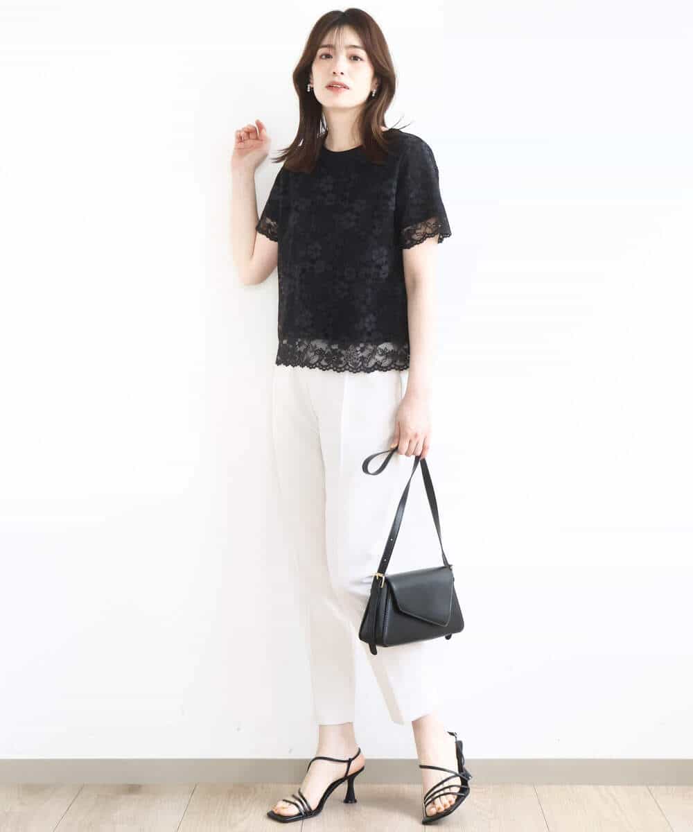 FIKHA42070 OFUON le MK(オフオン　ル　エムケー) スカラップレースTシャツ/接触冷感/洗える/WEB限定サイズあり ブラック