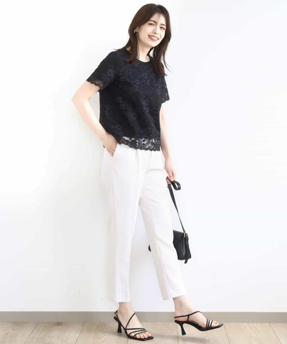 FIKHA42070 OFUON le MK(オフオン　ル　エムケー) スカラップレースTシャツ/接触冷感/洗える/WEB限定サイズあり ブラック