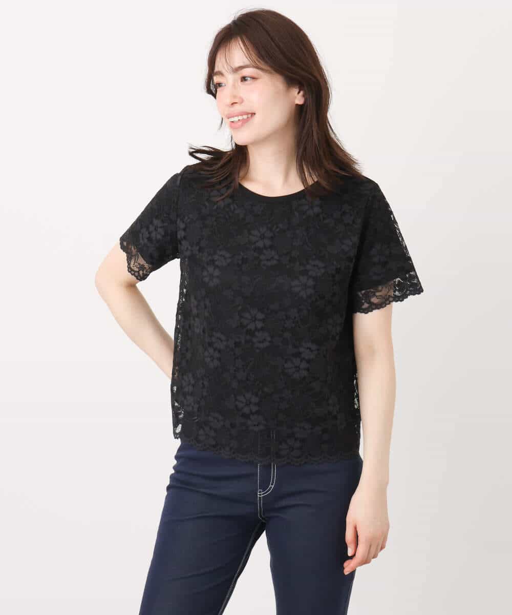 FIKHA42070 OFUON le MK(オフオン　ル　エムケー) スカラップレースTシャツ/接触冷感/洗える/WEB限定サイズあり ブラック