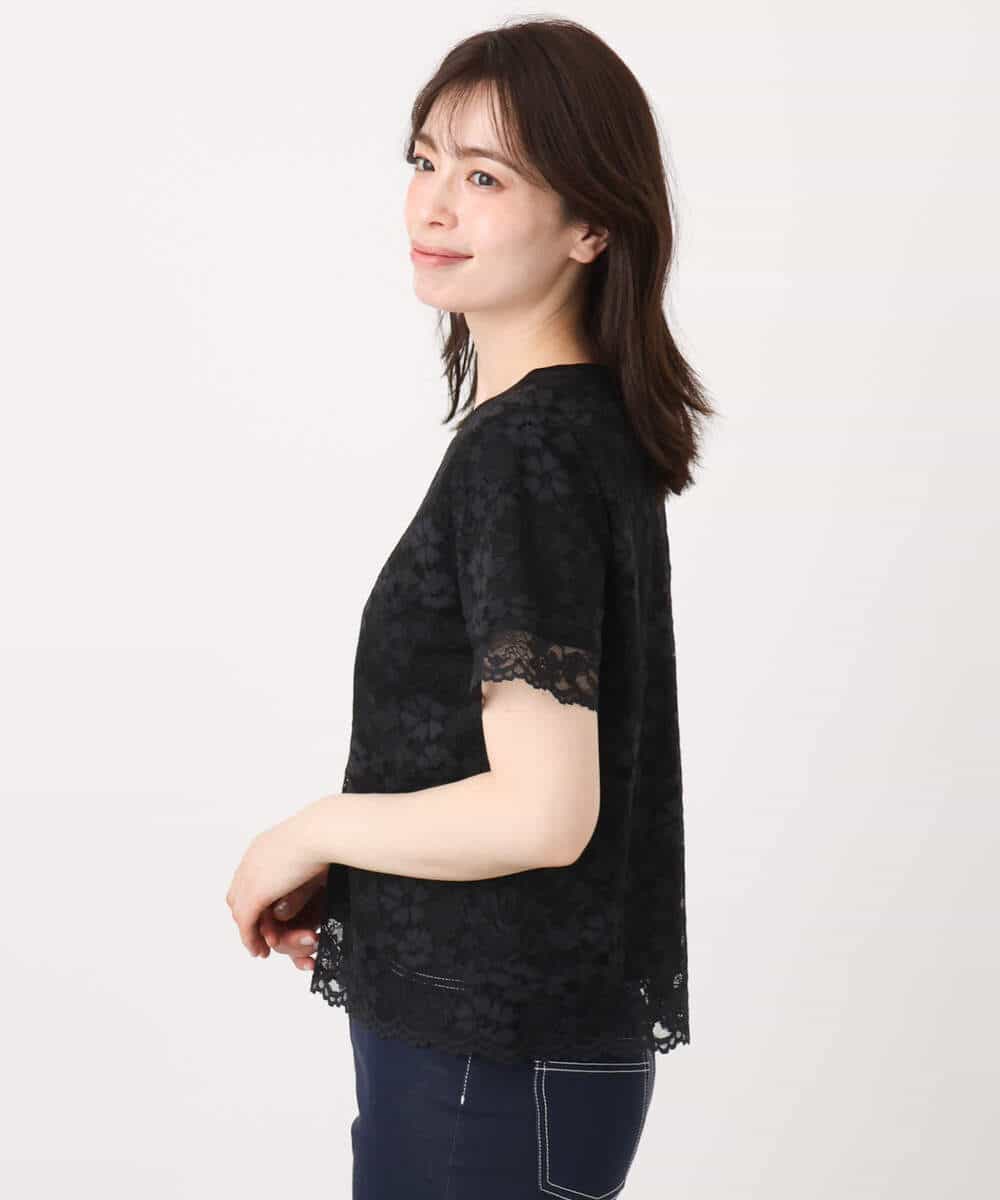FIKHA42070 OFUON le MK(オフオン　ル　エムケー) スカラップレースTシャツ/接触冷感/洗える/WEB限定サイズあり ブラック