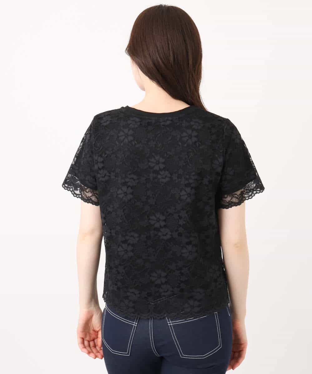 FIKHA42070 OFUON le MK(オフオン　ル　エムケー) スカラップレースTシャツ/接触冷感/洗える/WEB限定サイズあり ブラック