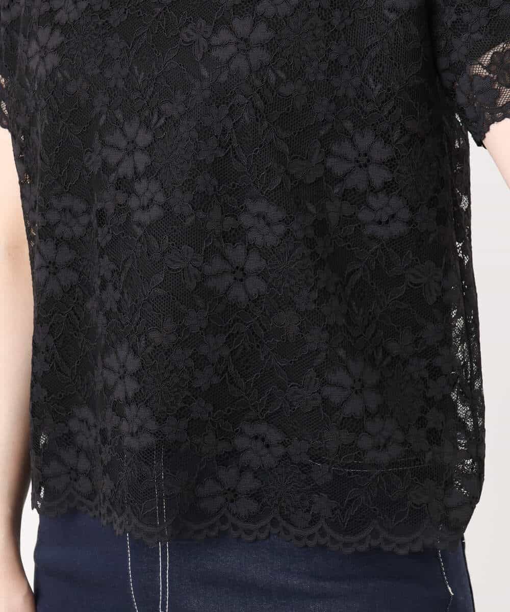 FIKHA42070 OFUON le MK(オフオン　ル　エムケー) スカラップレースTシャツ/接触冷感/洗える/WEB限定サイズあり ブラック