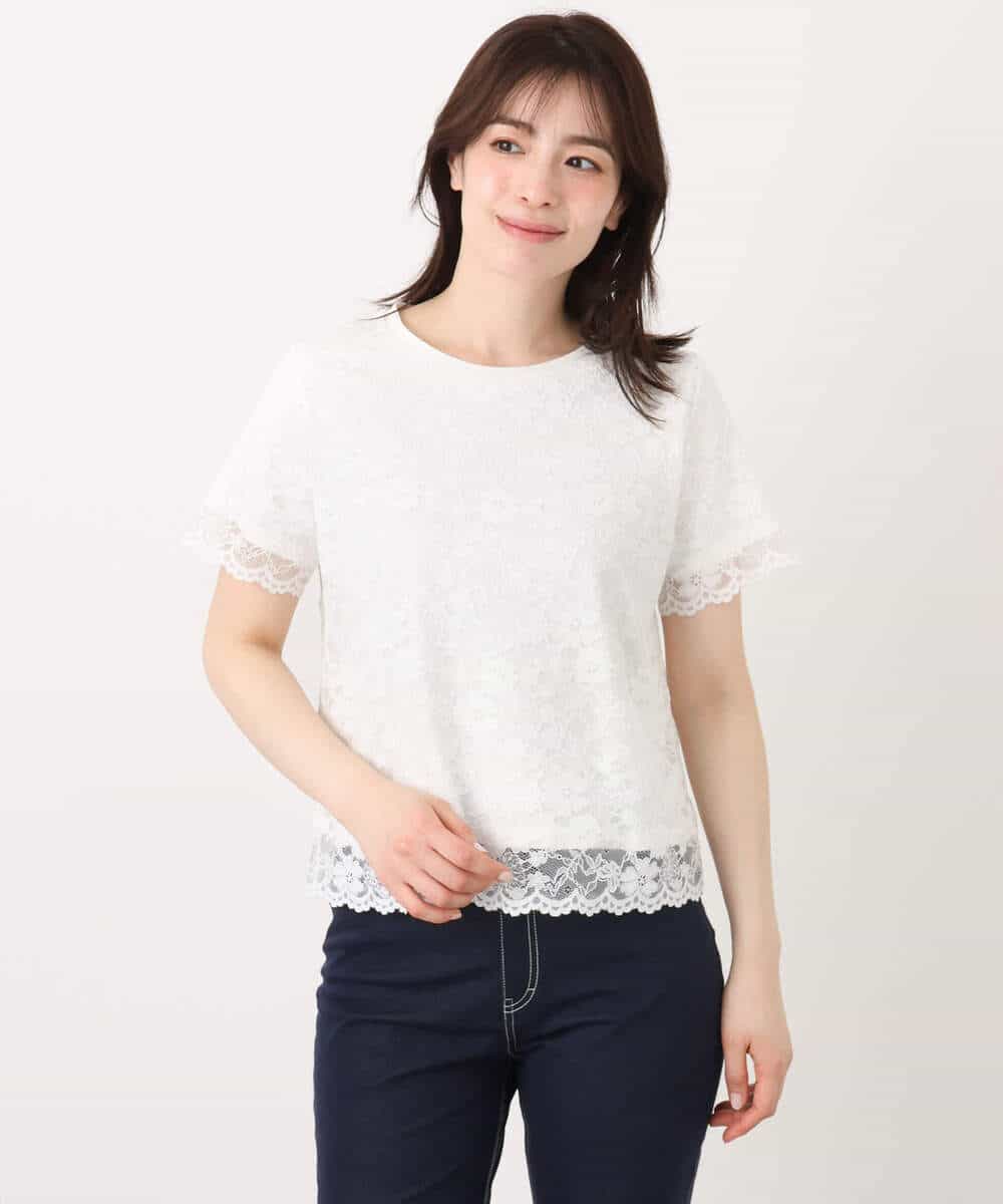 FIKHA42070 OFUON le MK(オフオン　ル　エムケー) スカラップレースTシャツ/接触冷感/洗える/WEB限定サイズあり ブラック