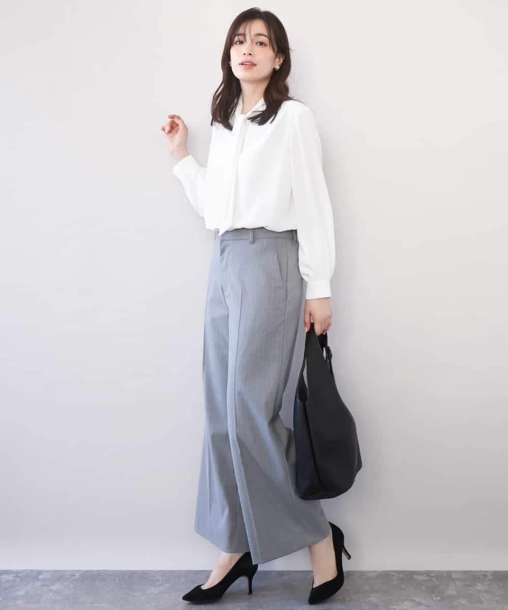 FILAD15090 OFUON le MK(オフオン　ル　エムケー) [名品シリーズ]ストレッチワイドパンツ（ストライプ・無地） ライトグレー（ストライプ）