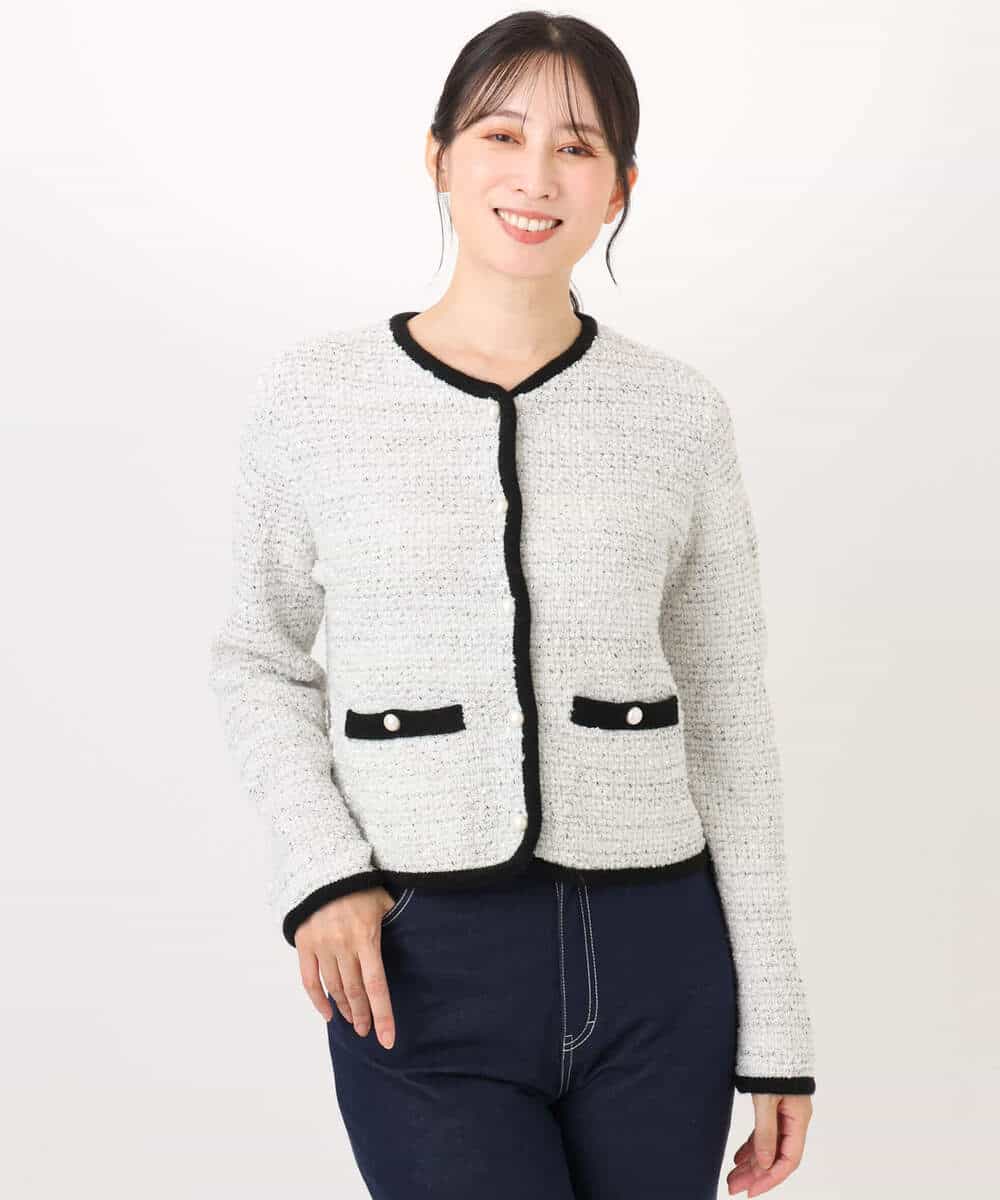 FISDD06090 OFUON le MK(オフオン　ル　エムケー) ラメ入りツイードニットジャケット/洗える/WEB限定サイズあり ホワイト