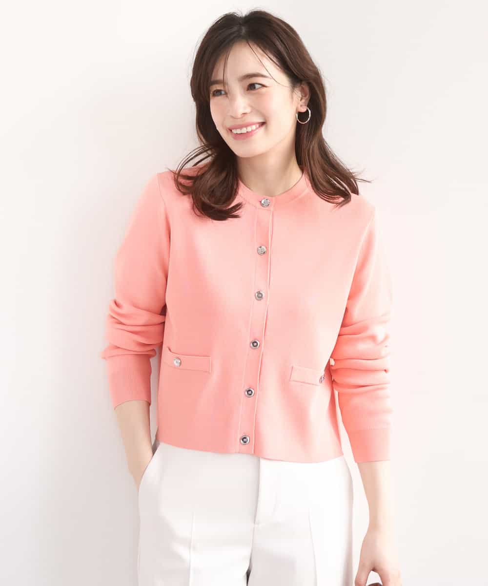 FISGD16070 OFUON le MK(オフオン　ル　エムケー) ハイゲージクロップド丈ニットカーディガン/接触冷感/UVカット/洗える/WEB限定サイズあり サーモンオレンジ