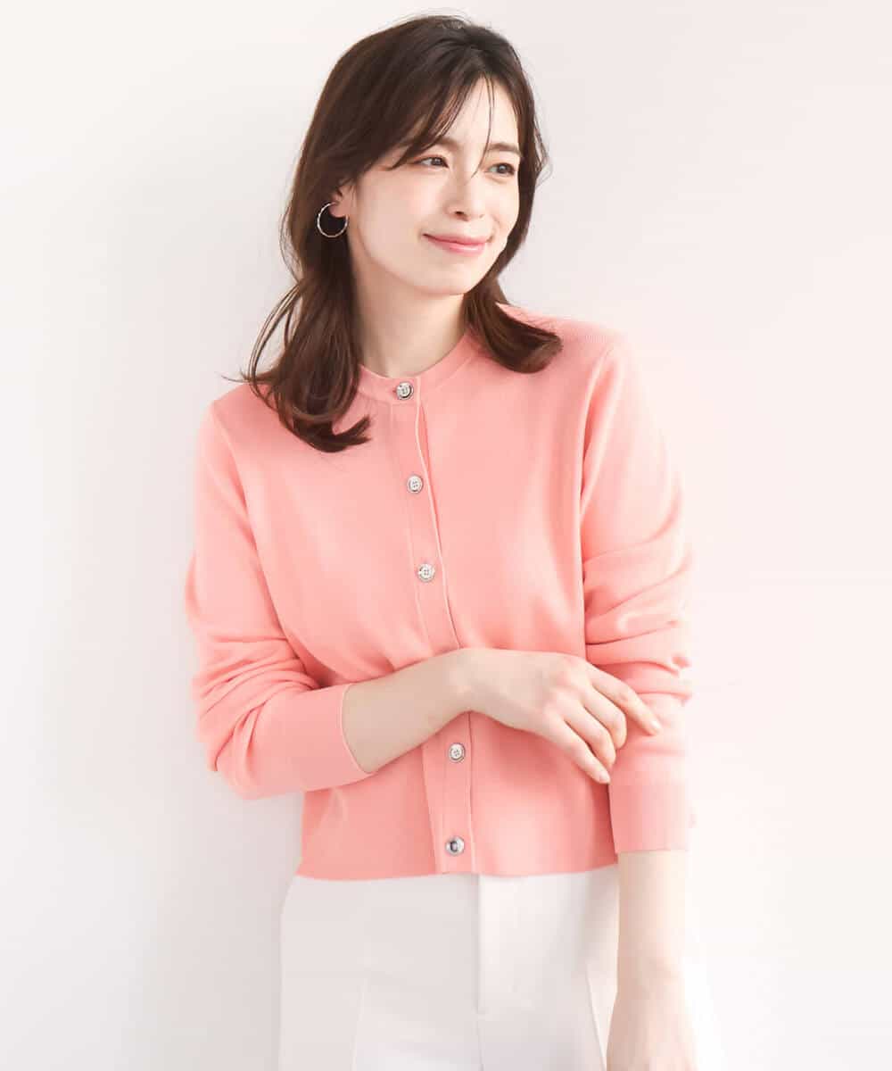 FISGD16070 OFUON le MK(オフオン　ル　エムケー) ハイゲージクロップド丈ニットカーディガン/接触冷感/UVカット/洗える/WEB限定サイズあり サーモンオレンジ