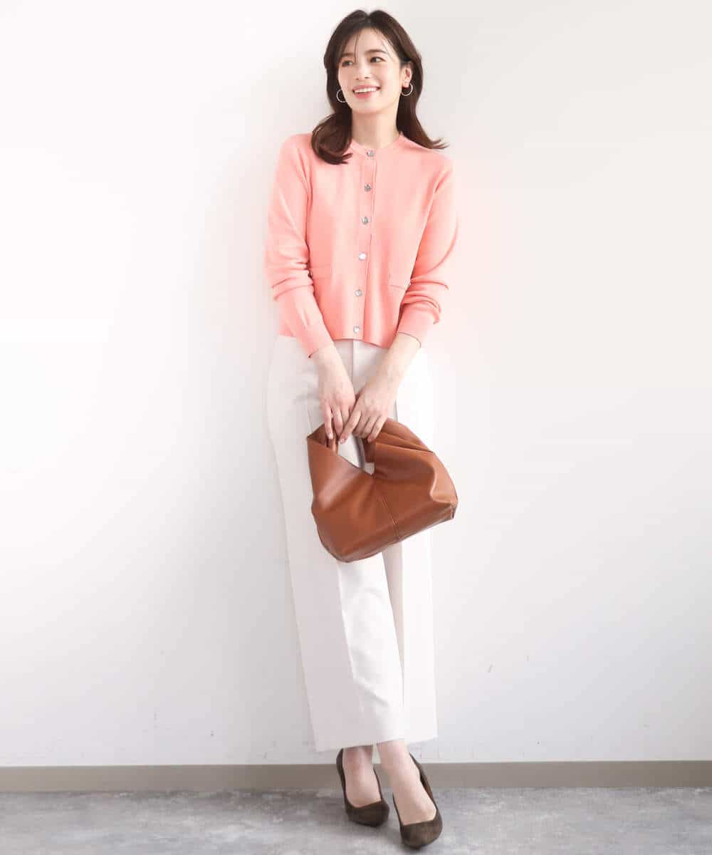 FISGD16070 OFUON le MK(オフオン　ル　エムケー) ハイゲージクロップド丈ニットカーディガン/接触冷感/UVカット/洗える/WEB限定サイズあり サーモンオレンジ