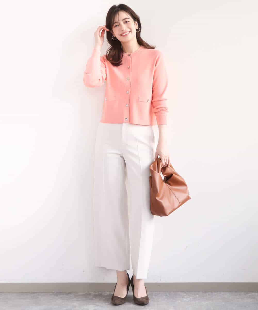 FISGD16070 OFUON le MK(オフオン　ル　エムケー) ハイゲージクロップド丈ニットカーディガン/接触冷感/UVカット/洗える/WEB限定サイズあり サーモンオレンジ