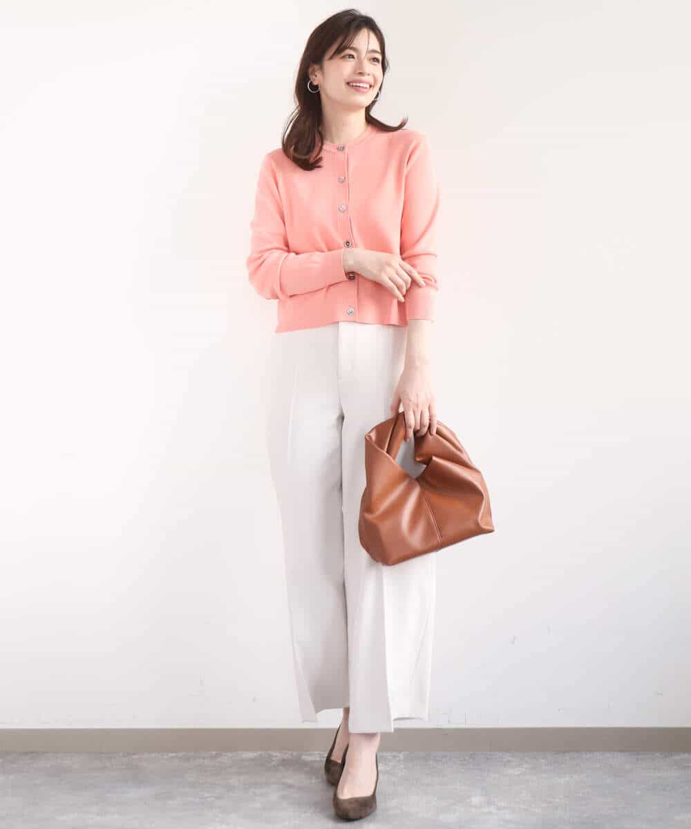 FISGD16070 OFUON le MK(オフオン　ル　エムケー) ハイゲージクロップド丈ニットカーディガン/接触冷感/UVカット/洗える/WEB限定サイズあり サーモンオレンジ