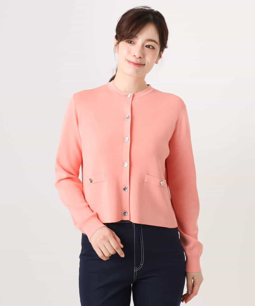 FISGD16070 OFUON le MK(オフオン　ル　エムケー) ハイゲージクロップド丈ニットカーディガン/接触冷感/UVカット/洗える/WEB限定サイズあり サーモンオレンジ