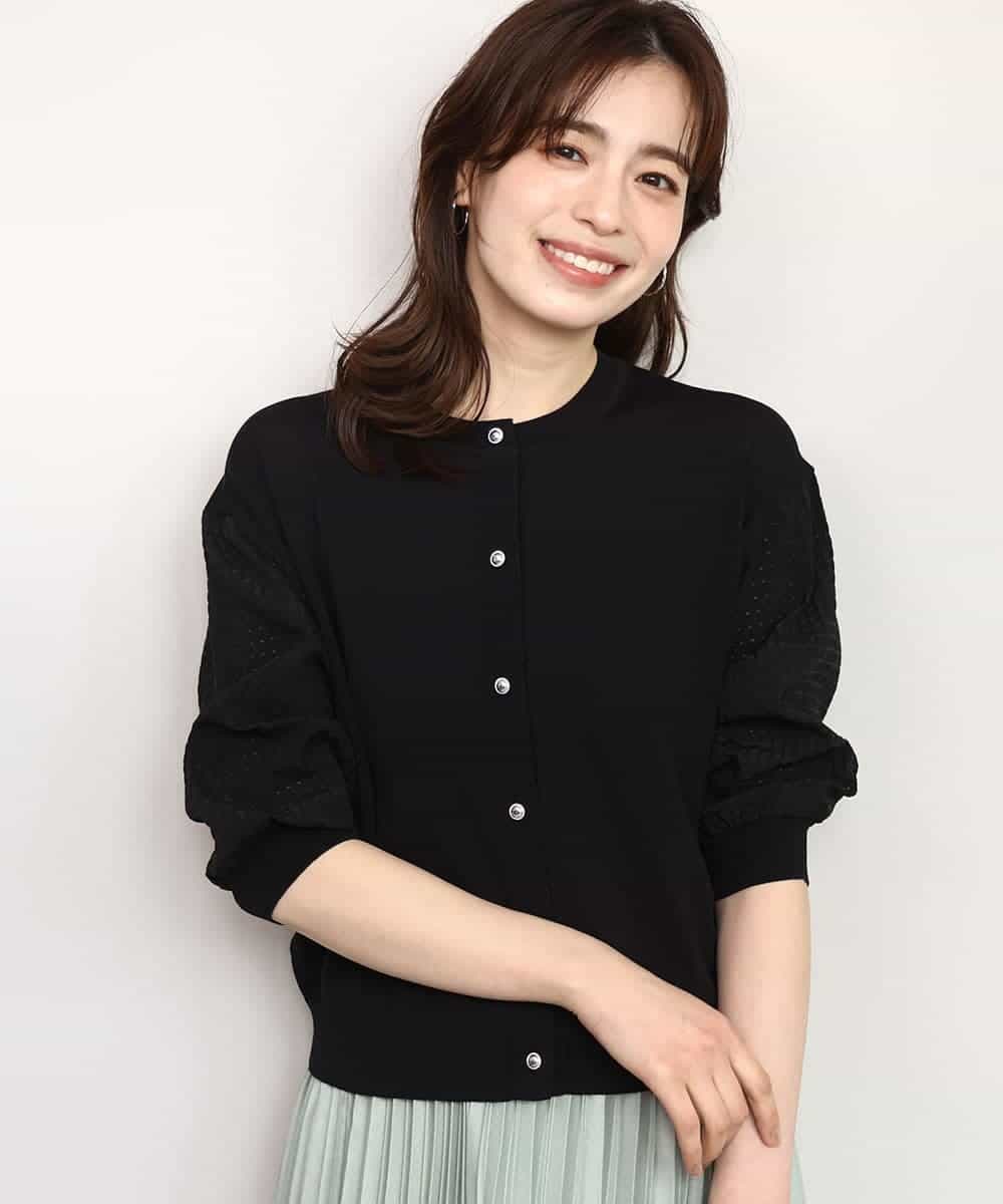 FISHD31080 OFUON le MK(オフオン　ル　エムケー) 異素材スリーブニットカーディガン/接触冷感/UVカット/洗える/セットアップ可 ラベンダー