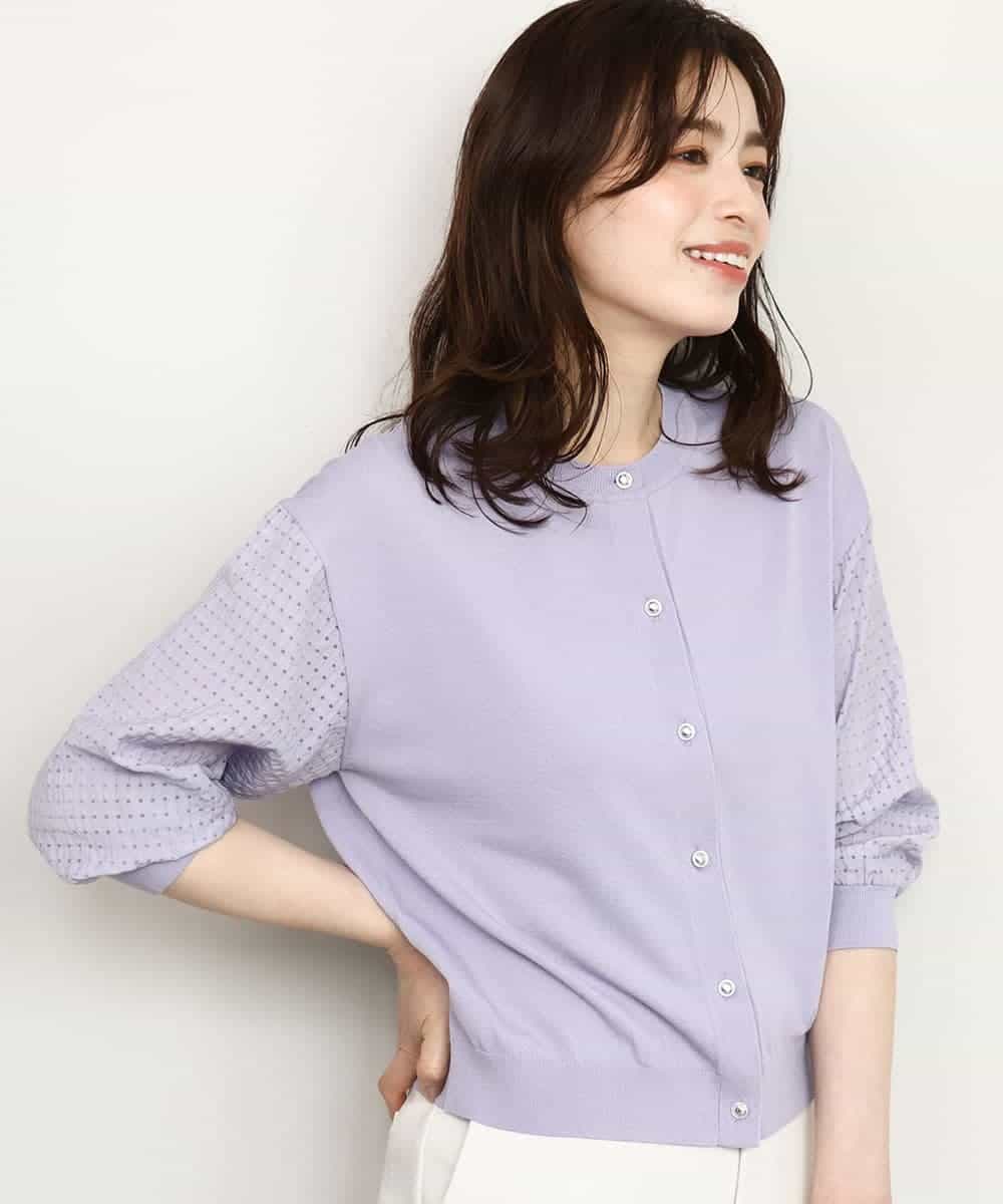 FISHD31080 OFUON le MK(オフオン　ル　エムケー) 異素材スリーブニットカーディガン/接触冷感/UVカット/洗える/セットアップ可 ラベンダー