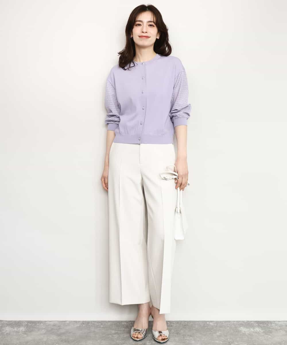 FISHD31080 OFUON le MK(オフオン　ル　エムケー) 異素材スリーブニットカーディガン/接触冷感/UVカット/洗える/セットアップ可 ラベンダー