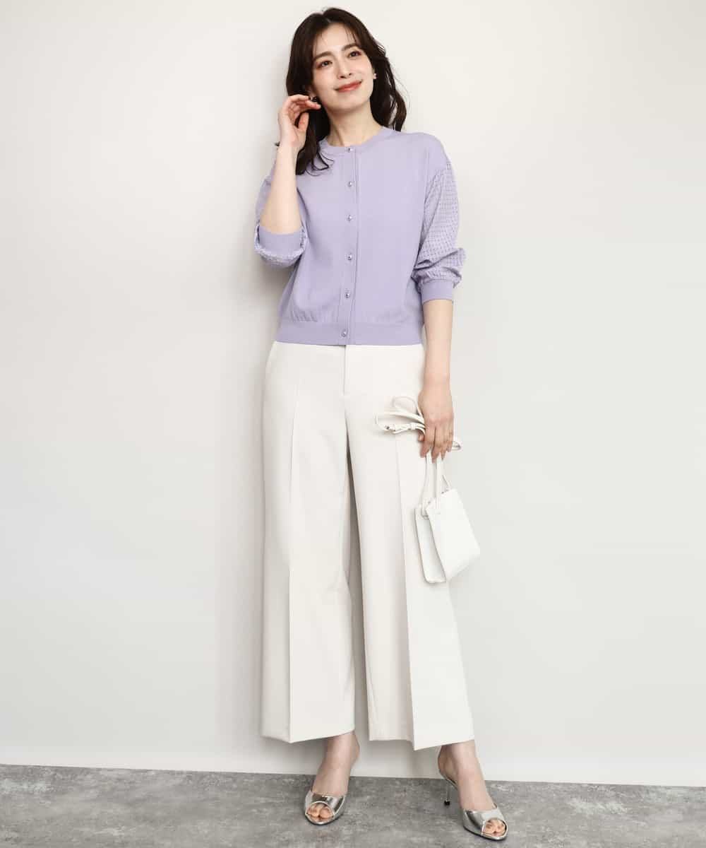 FISHD31080 OFUON le MK(オフオン　ル　エムケー) 異素材スリーブニットカーディガン/接触冷感/UVカット/洗える/セットアップ可 ラベンダー