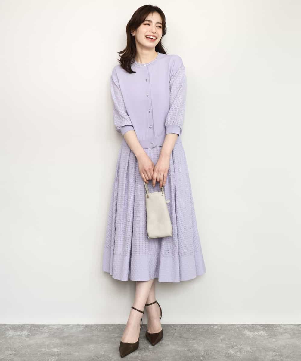 FISHD31080 OFUON le MK(オフオン　ル　エムケー) 異素材スリーブニットカーディガン/接触冷感/UVカット/洗える/セットアップ可 ラベンダー