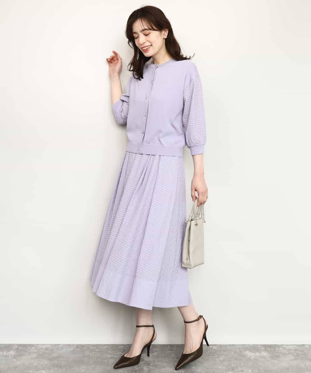 FISHD31080 OFUON le MK(オフオン　ル　エムケー) 異素材スリーブニットカーディガン/接触冷感/UVカット/洗える/セットアップ可 ラベンダー