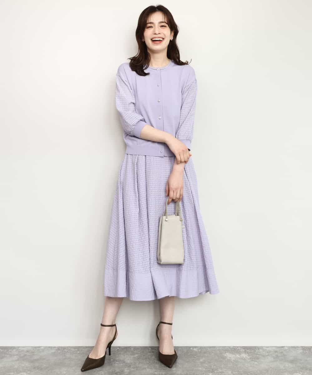 FISHD31080 OFUON le MK(オフオン　ル　エムケー) 異素材スリーブニットカーディガン/接触冷感/UVカット/洗える/セットアップ可 ラベンダー