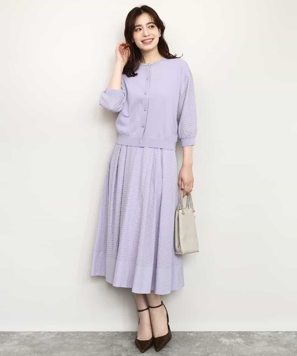 FISHD31080 OFUON le MK(オフオン　ル　エムケー) 異素材スリーブニットカーディガン/接触冷感/UVカット/洗える/セットアップ可 ラベンダー