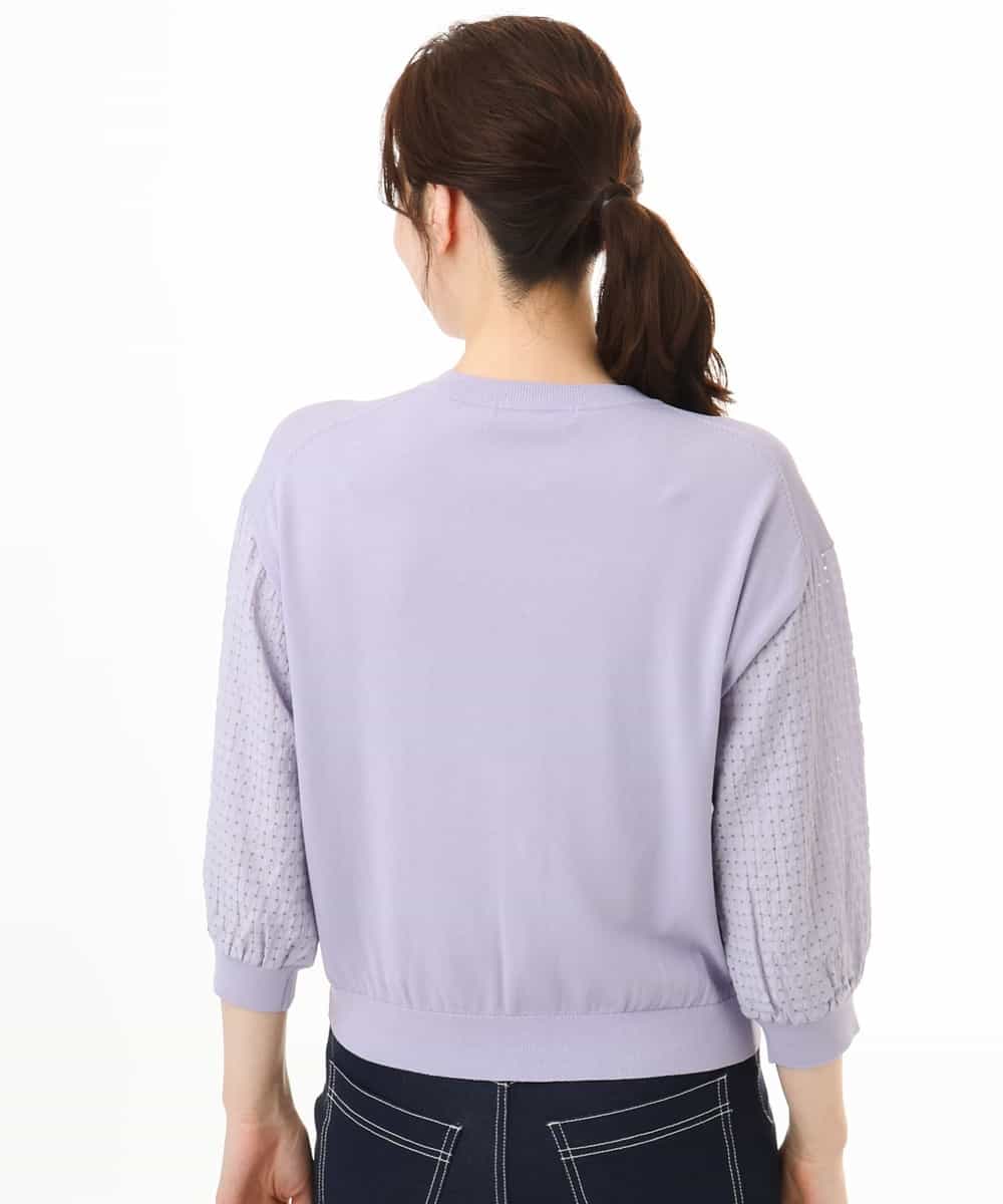 FISHD31080 OFUON le MK(オフオン　ル　エムケー) 異素材スリーブニットカーディガン/接触冷感/UVカット/洗える/セットアップ可 ラベンダー