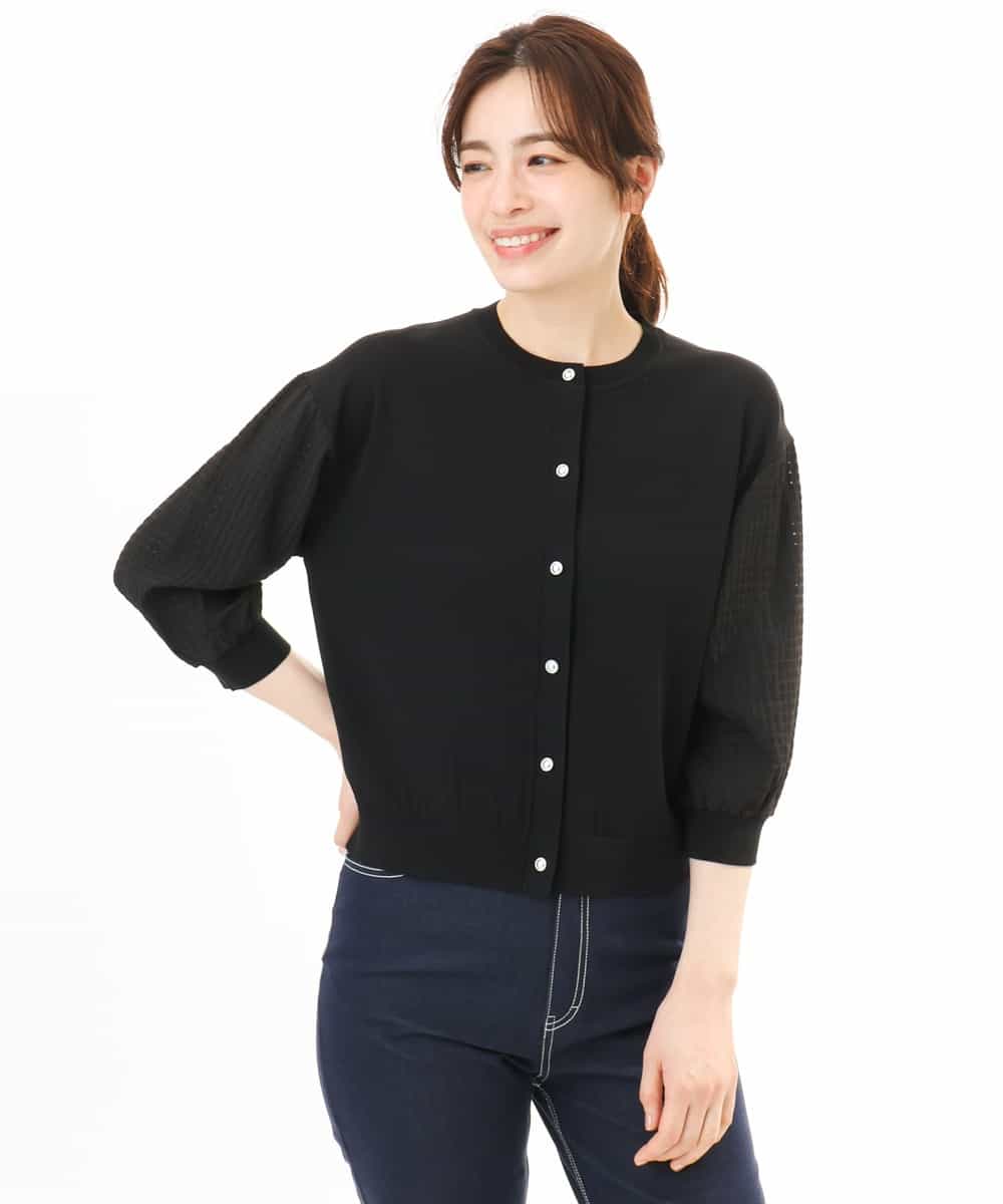 FISHD31080 OFUON le MK(オフオン　ル　エムケー) 異素材スリーブニットカーディガン/接触冷感/UVカット/洗える/セットアップ可 ラベンダー