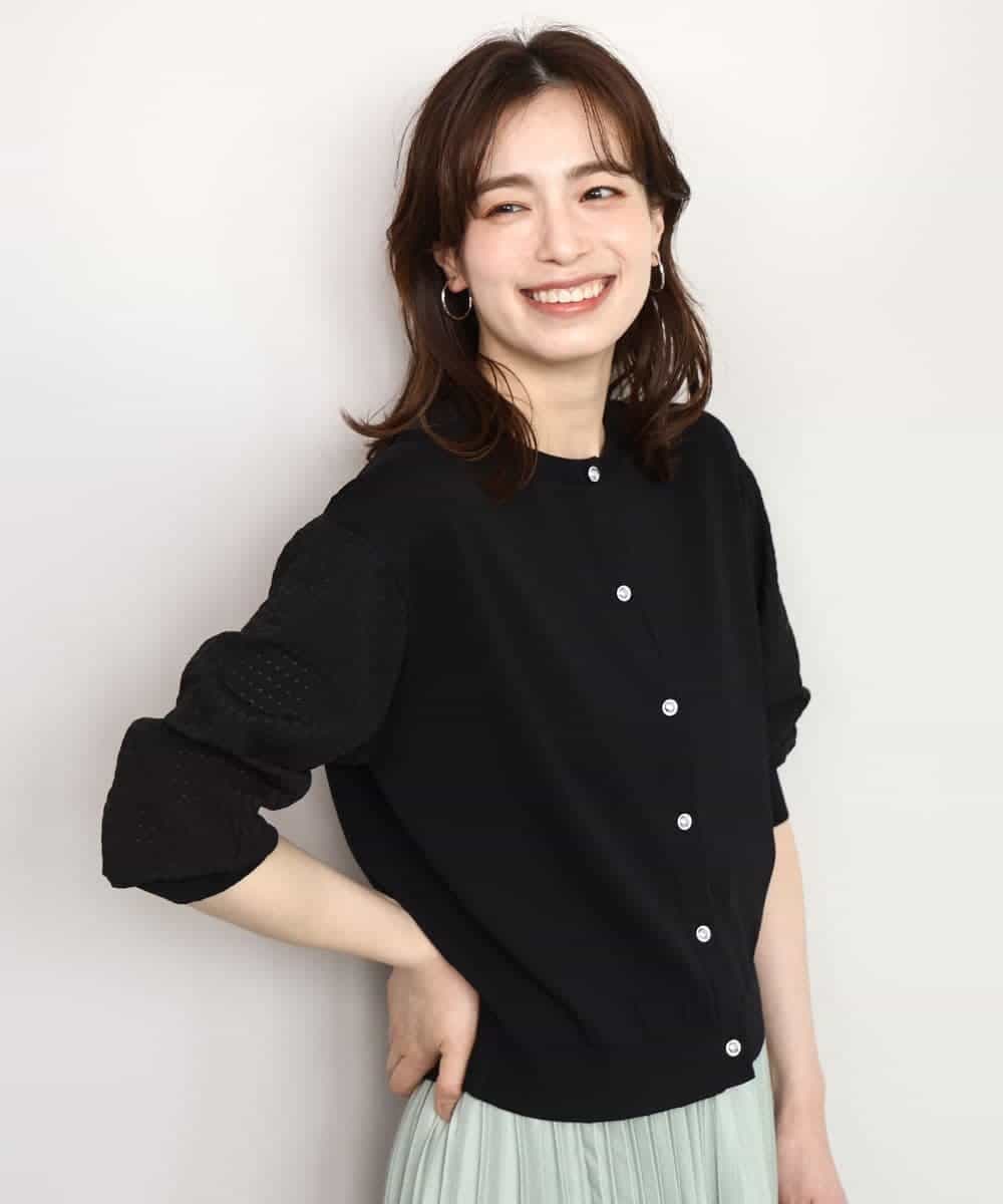 FISHD31080 OFUON le MK(オフオン　ル　エムケー) 異素材スリーブニットカーディガン/接触冷感/UVカット/洗える/セットアップ可 ブラック