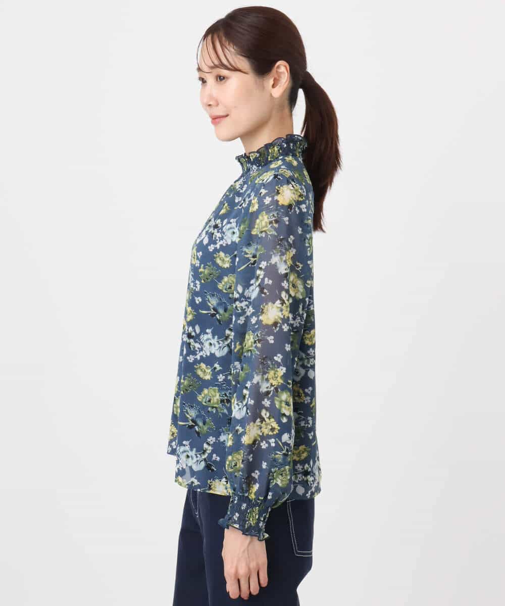 FKBAD01140 MK MICHEL KLEIN(MK ミッシェルクラン) クラシックフラワープリント シフォンブラウス/洗える ブルーグリーン