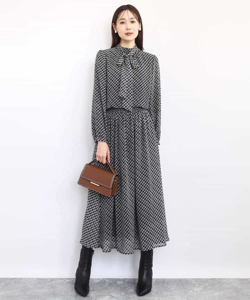 FKBAD04140 MK MICHEL KLEIN(MK ミッシェルクラン) チェック柄ボウタイシフォンブラウス/洗える グレー