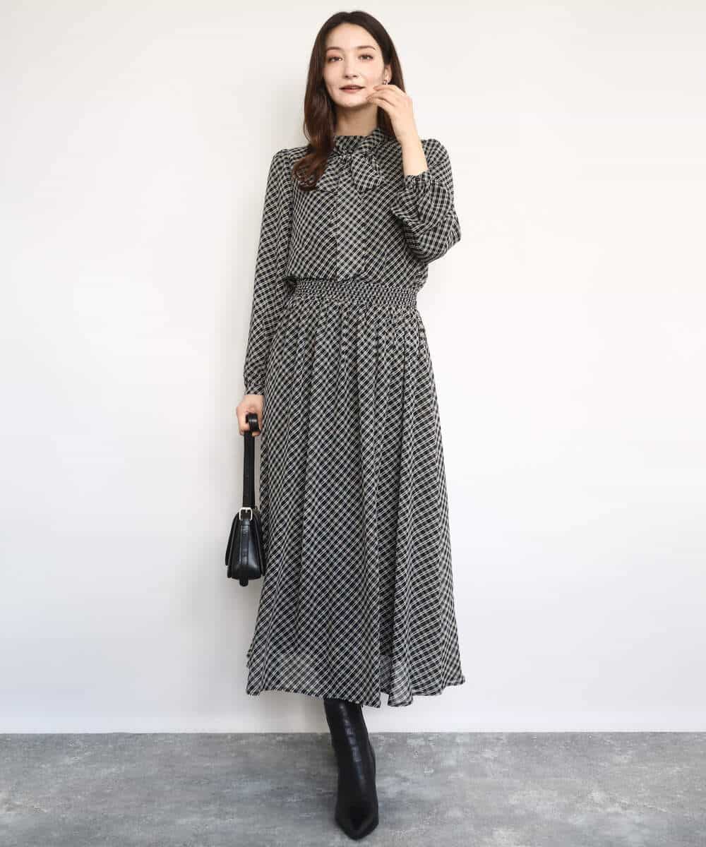 FKBAD04140 MK MICHEL KLEIN(MK ミッシェルクラン) チェック柄ボウタイシフォンブラウス/洗える グレー