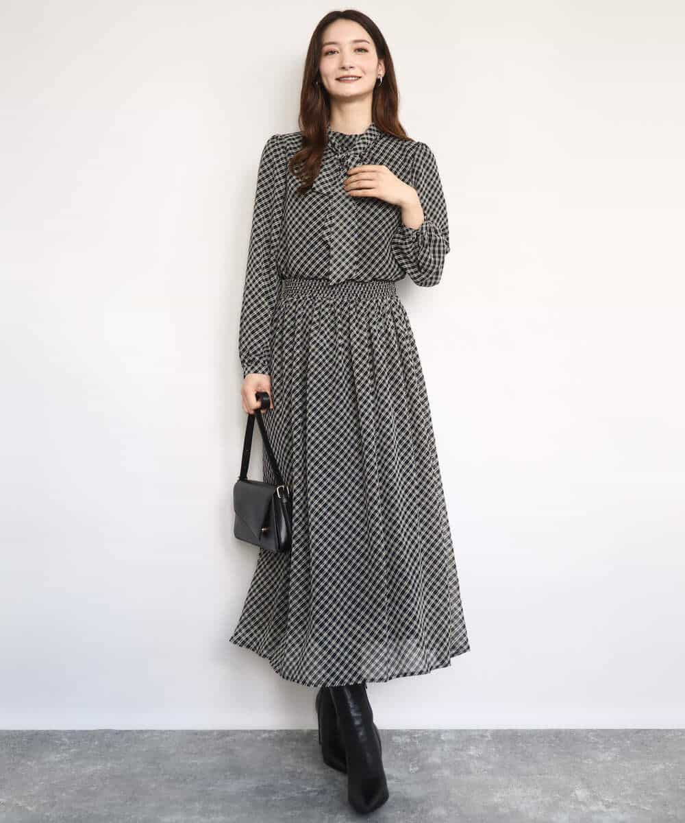 FKBAD04140 MK MICHEL KLEIN(MK ミッシェルクラン) チェック柄ボウタイシフォンブラウス/洗える グレー
