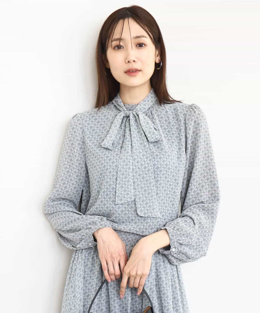 FKBAD04140 MK MICHEL KLEIN(MK ミッシェルクラン) チェック柄ボウタイシフォンブラウス/洗える グレー